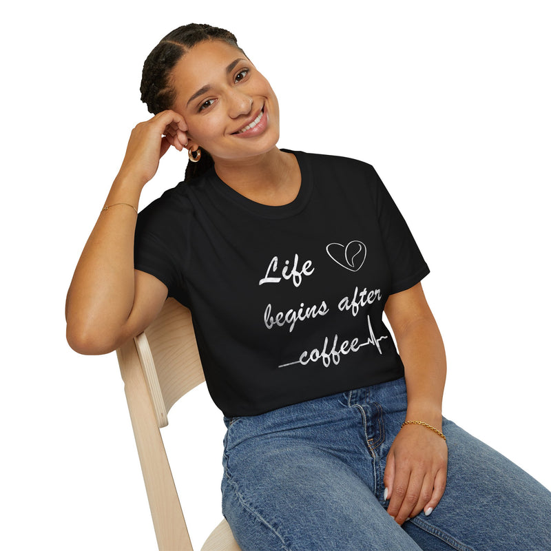 Life begins after coffee. Unisex Softstyle T-Shirt